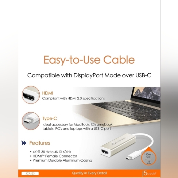 j5create USB Type-C to 4K HDMI Adapter JCA153 / 4K @60 Hz/for MacBook, Chromeboo - Picture 3 of 10